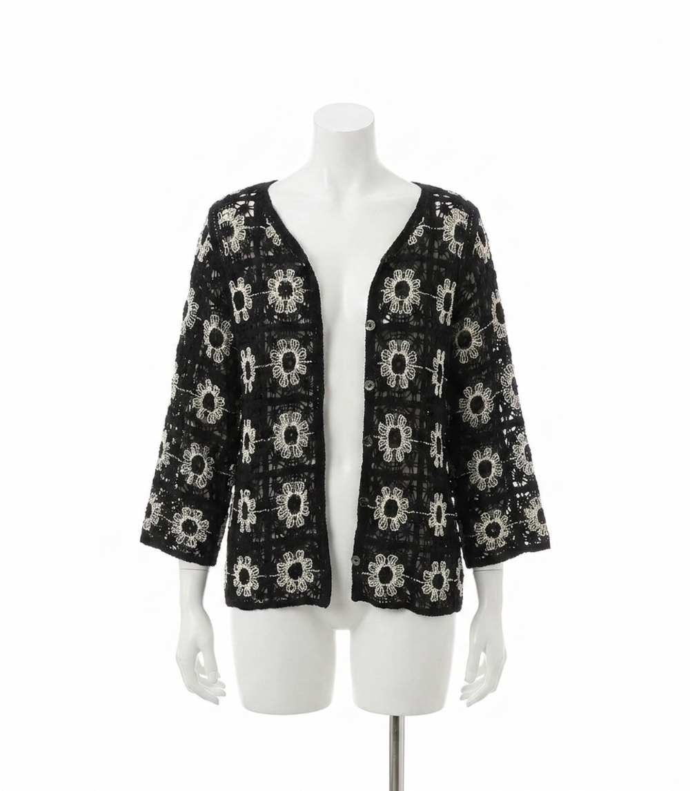 NEW POL crochet cardigan with various weave patterns in black